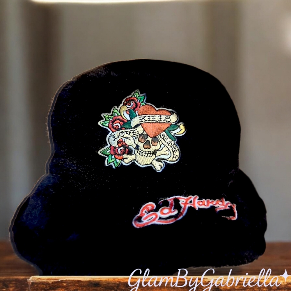 Authentic Ed Hardy Black Faux Fur Tattoo Bucket Hat – One Size
